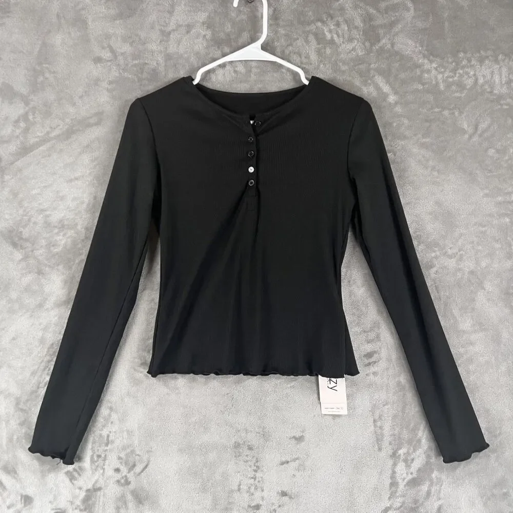 Dazy 2-Piece Ribbed Henley Tops Women’s M Black Green Long Sleeve NWT